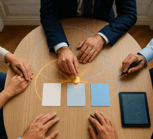Vue aérienne : médiateur Selectif Partners aligne trois offres immobilières (A, B, C) autour d’une table avec le couple vendeur et trois agents, négociation encadrée