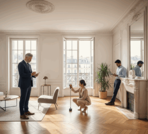 Trois professionnels réalisent une estimation immobilière dans un appartement haussmannien lumineux