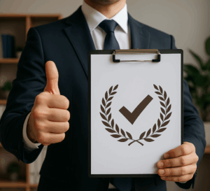 Agent immobilier expert en pleine évaluation d’un logement, symbolisant la sélection rigoureuse de partenaires par Selectif Partners