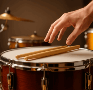 Une main prend les sticks d'une batterie comme Selectif Partners orchestre le vente d'un bien