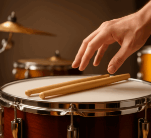 Une main prend les sticks d'une batterie comme Selectif Partners orchestre le vente d'un bien